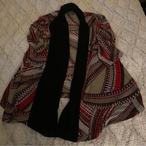 Chicos Easywear Cardigan Womens 1 Medium Red Tan Black Open Front Top Layering